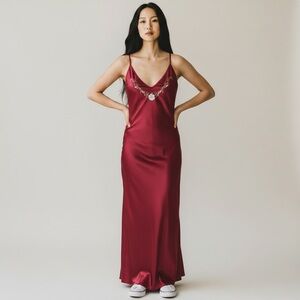 California Dynasty Satin Embroid Vintage Slip Maxi Dress  Gown Burgundy Red